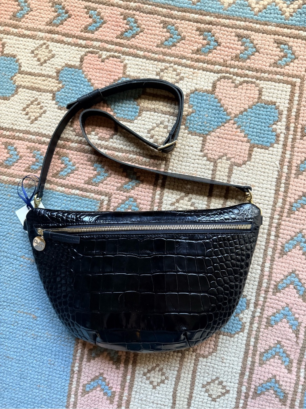 Hard to find Clare V Black Croc-Embossed Grande Fanny Bag with Gold Zipper - Picture 3 of 12